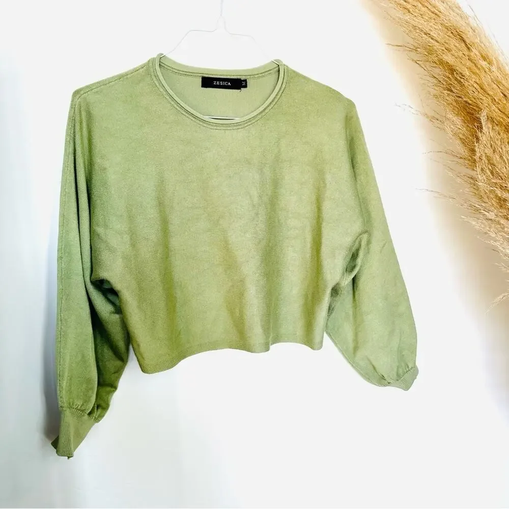 NEW ZESICA Sage Green Crop Bubble Long Sleeve Sweater Tie Pockets Shorts Set M - Picture 4 of 12